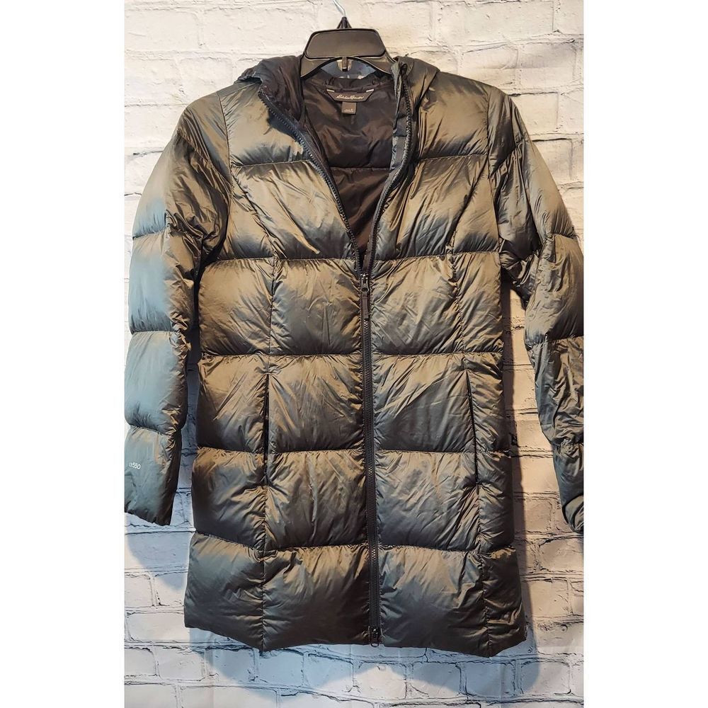 Eddie Bauer EB550 Womens Small Hooded Goose Down Puffer Jacket Silver Green